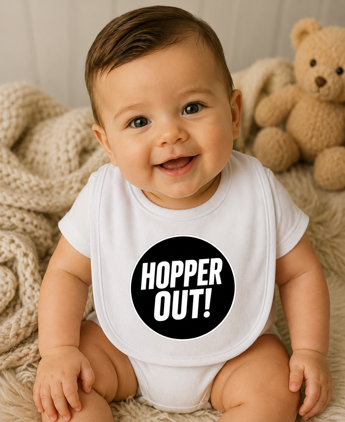 Hopper Out! Baby Bib - Funny Beer Lover Baby Gift UK Dribble Bib