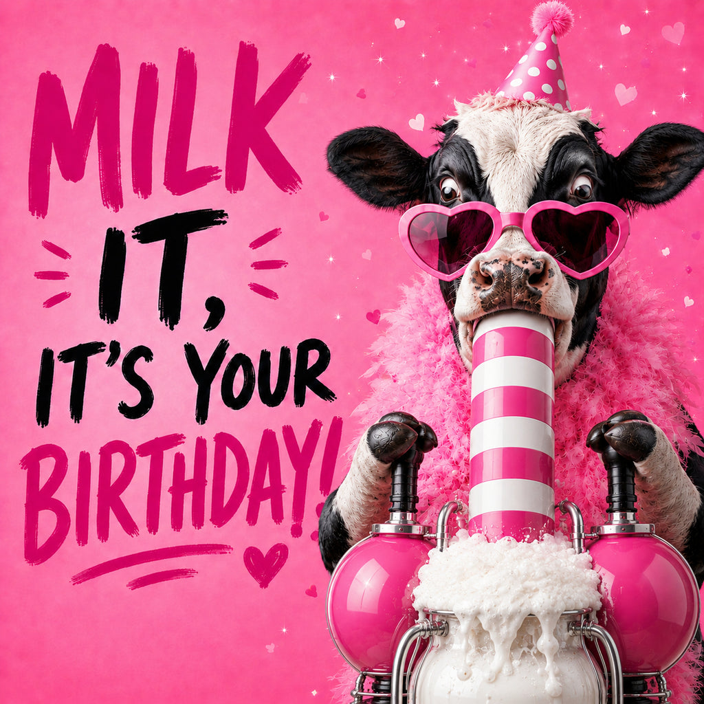 Milk It funny rude adult birthday card featuring a glamorous cow and suggestive milking machine