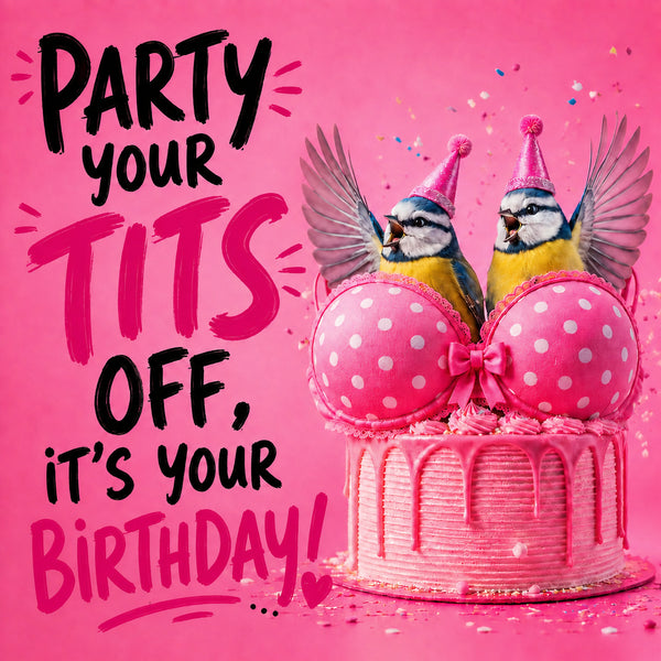 Party Your Tits Off funny rude birthday card featuring two blue tits in a pink bra