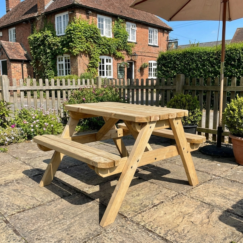 Classic Rounded Pub Style Picnic Bench and Table - Rustic Finish