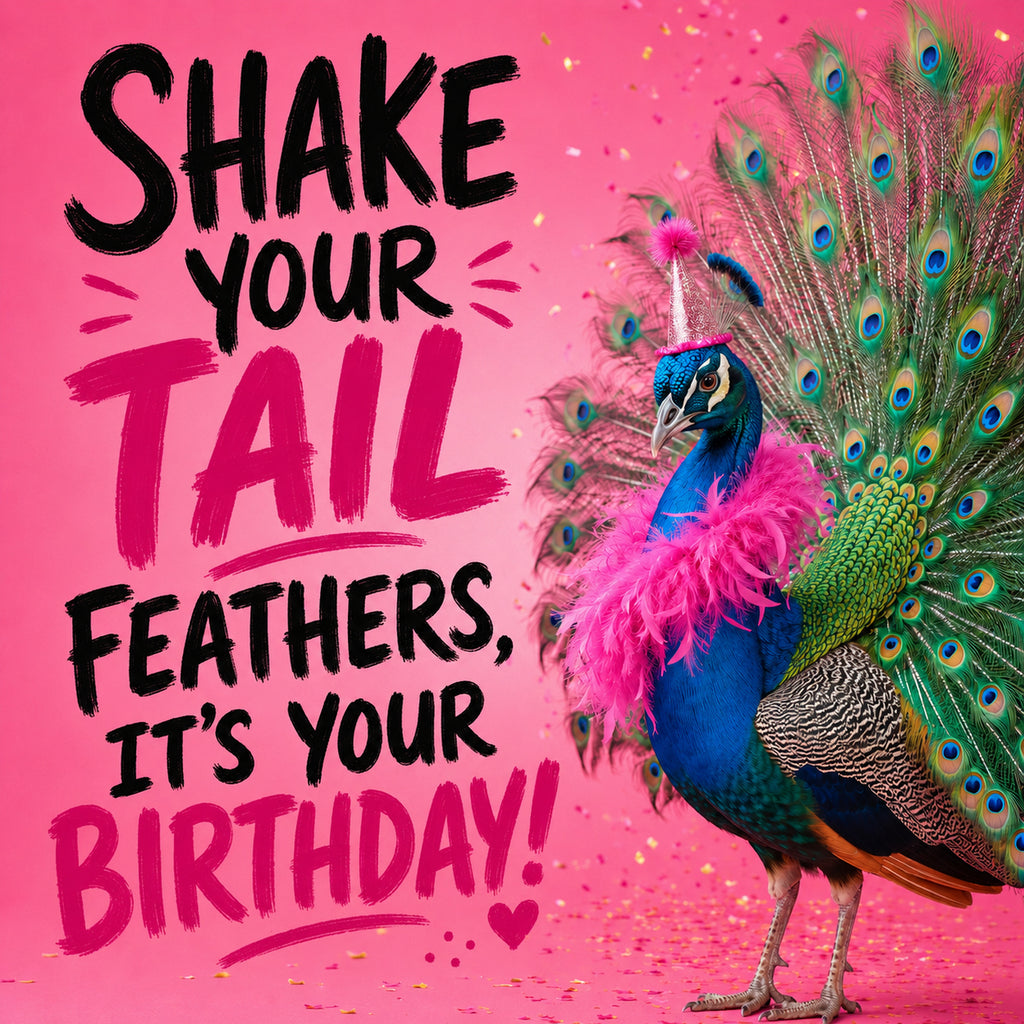 Shake Your Tail Feathers funny birthday card featuring a colourful party peacock